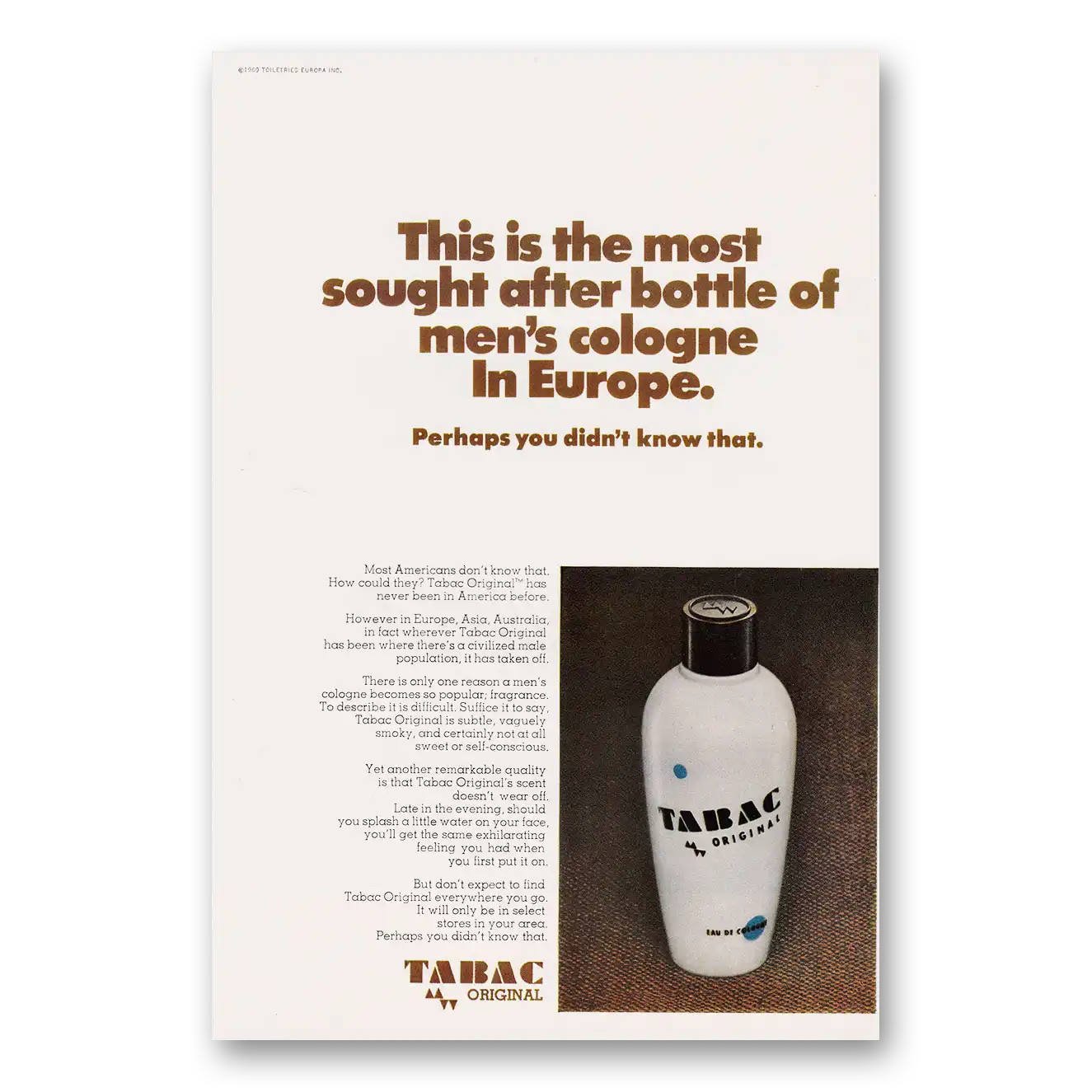 1969 Tarac Cologne Most Sought After Bottle of Mens Cologne In Europe Vintage Magazine Print Ad