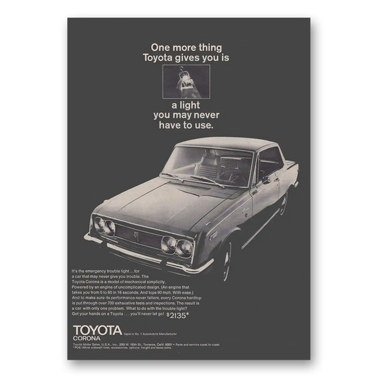 1969 Toyota Corona Light You May Never Have To Use Vintage Magazine Print Ad