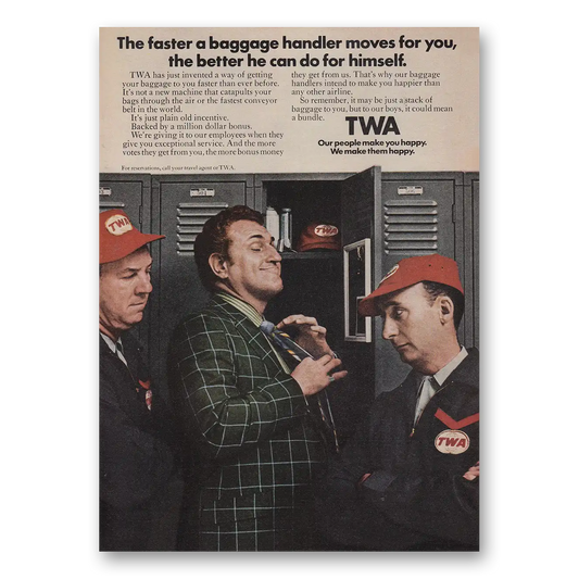 1969 TWA Airlines Faster a Baggage Handler Moves for You Vintage Magazine Print Ad