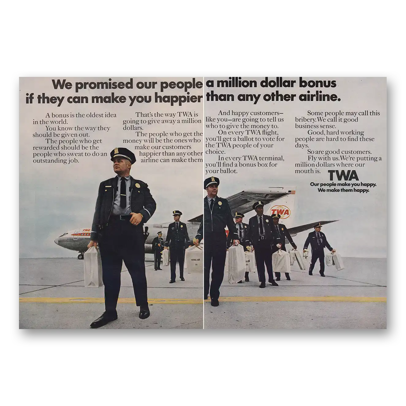 1969 TWA Airlines We Promised Our People a Million Dollar Bonus Vintage Magazine Print Ad