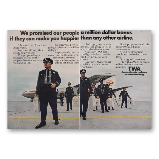 1969 TWA Airlines We Promised Our People a Million Dollar Bonus Vintage Magazine Print Ad