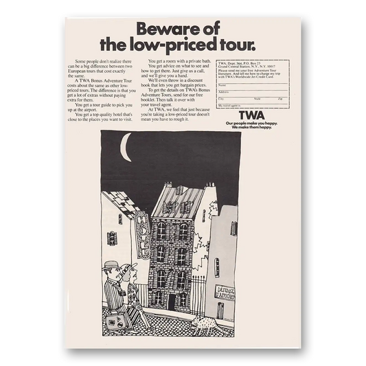 1969 TWA Airlines Beware of the Low Priced Tour Vintage Magazine Print Ad