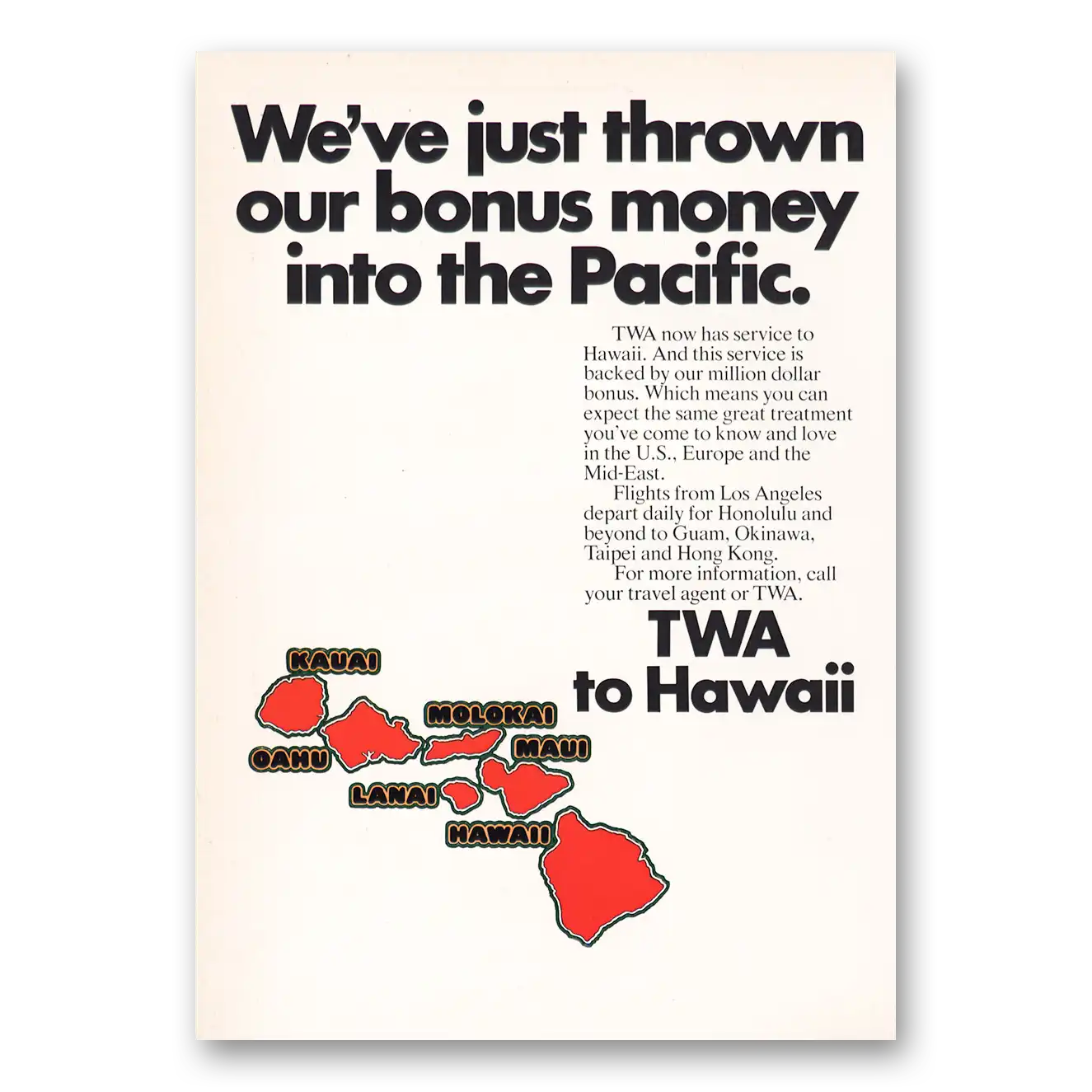 1969 TWA Airlines Thrown Bonus Money Into Pacific Hawaii Vintage Magazine Print Ad