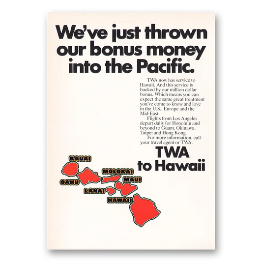 1969 TWA Airlines Thrown Bonus Money Into Pacific Hawaii Vintage Magazine Print Ad