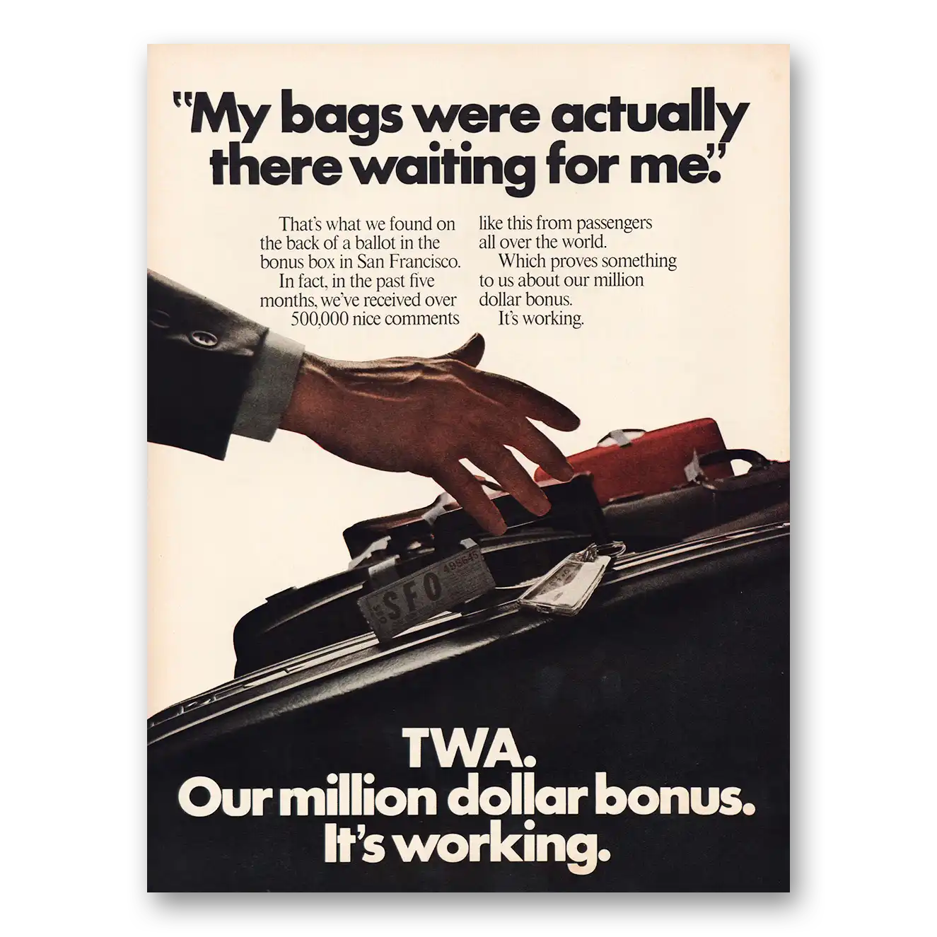 1969 TWA Airlines My Bags Were Actually There Waiting For Me Vintage Magazine Print Ad