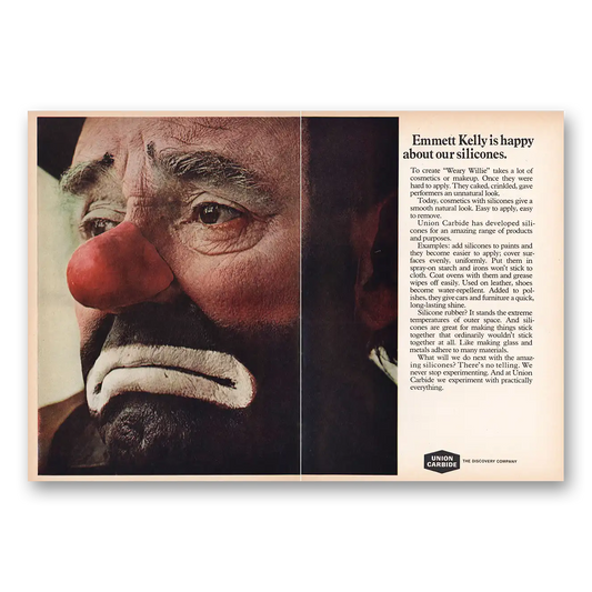 1969 Union Carbide Emmett Kelly Happy Silicones Vintage Magazine Print Ad