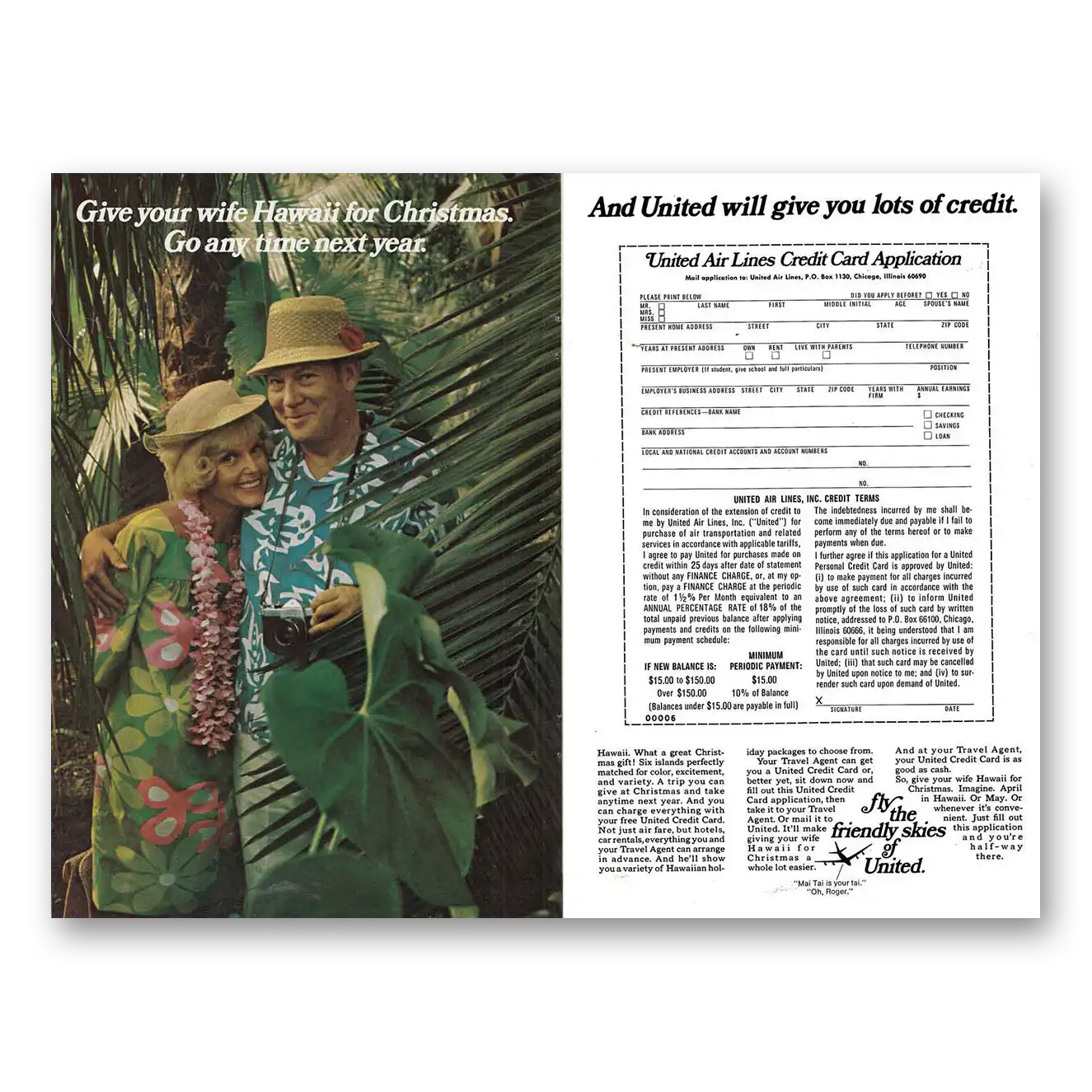 1969 United Airlines Give your wife Hawaii Credit Card Vintage Magazine Print Ad