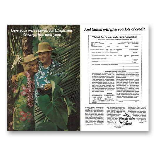 1969 United Airlines Give your wife Hawaii Credit Card Vintage Magazine Print Ad