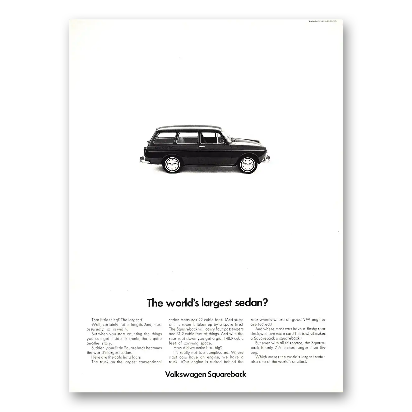 1968 Volkswagen Squareback Sedan Worlds Largest Sedan Vintage Magazine Print Ad