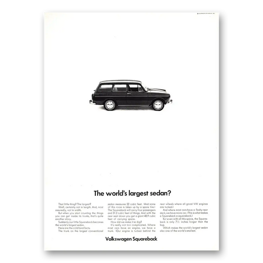 1968 Volkswagen Squareback Sedan Worlds Largest Sedan Vintage Magazine Print Ad