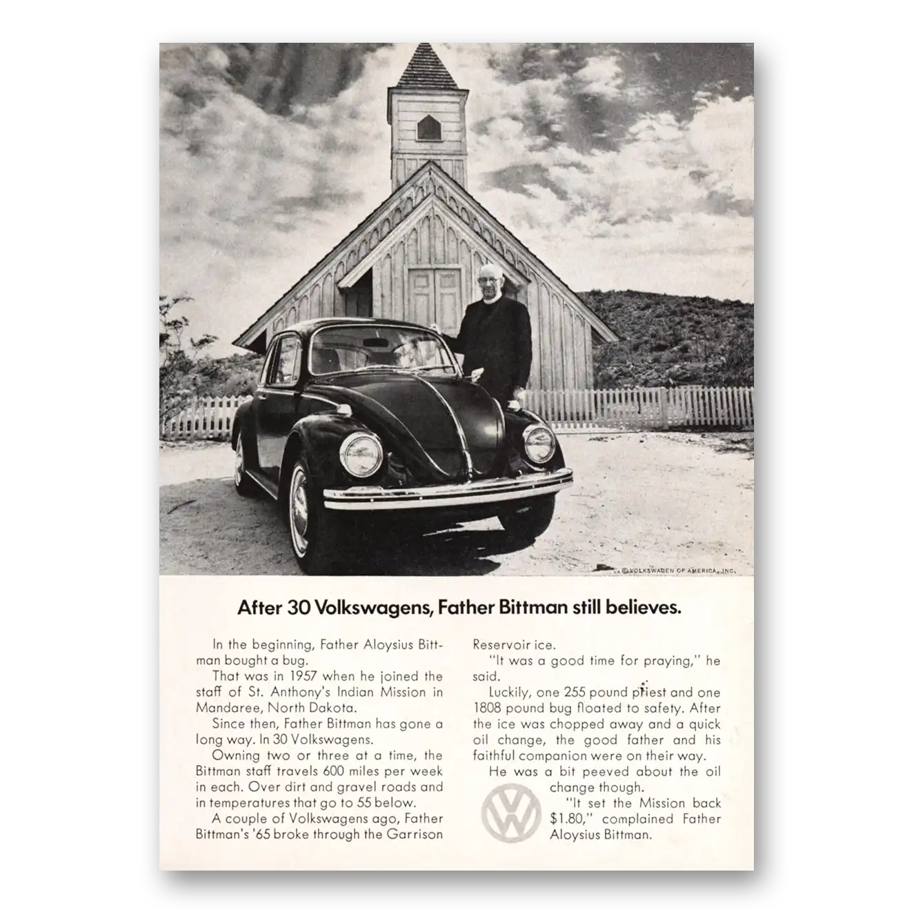 1969 Volkswagen Beetle Father Bittman Still Believes Vintage Magazine Print Ad