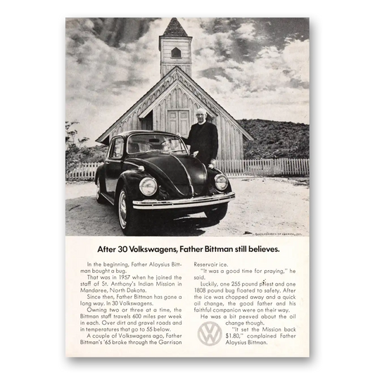 1969 Volkswagen Beetle Father Bittman Still Believes Vintage Magazine Print Ad