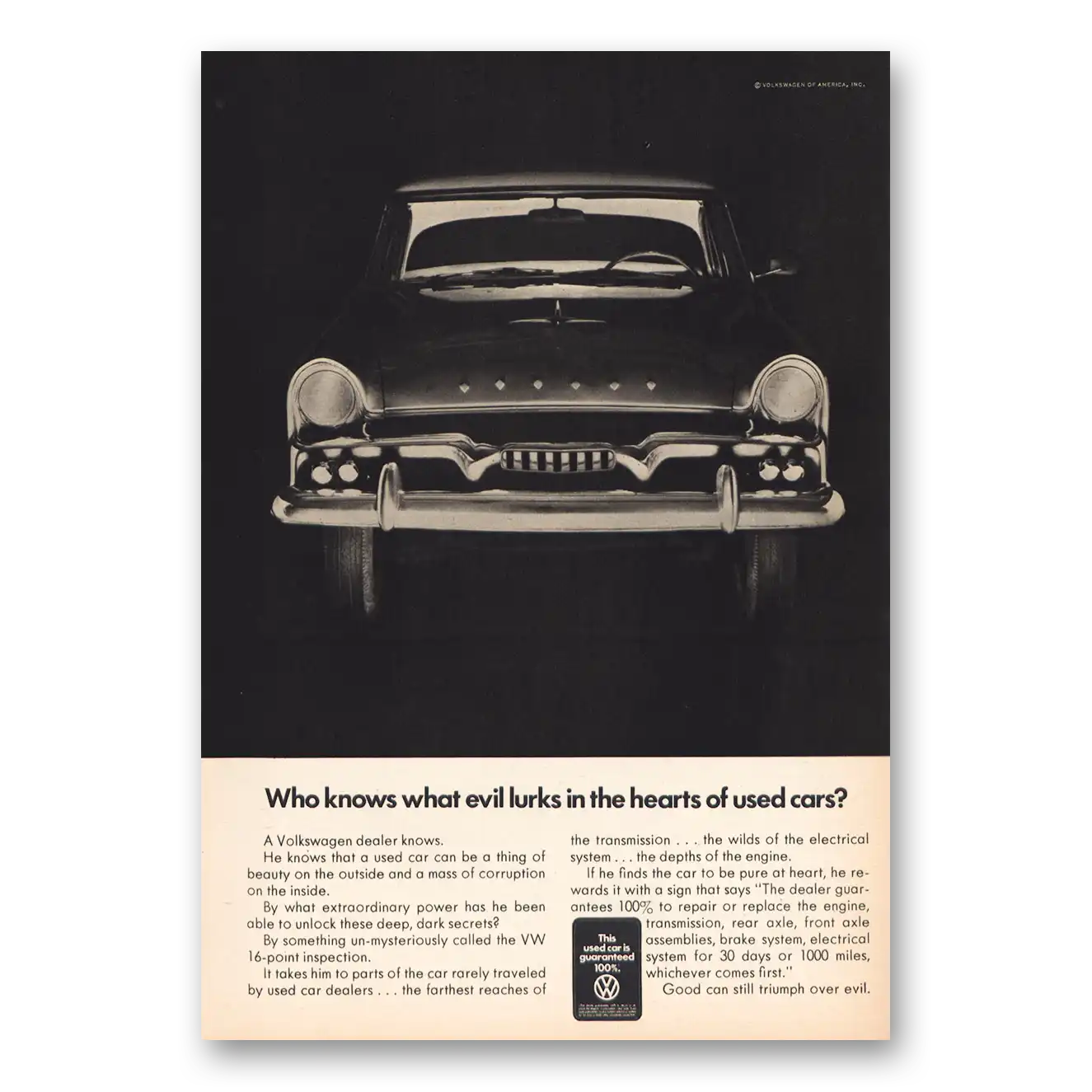 1969 Volkswagen Evil Lurks Heart Used Cars Vintage Magazine Print Ad