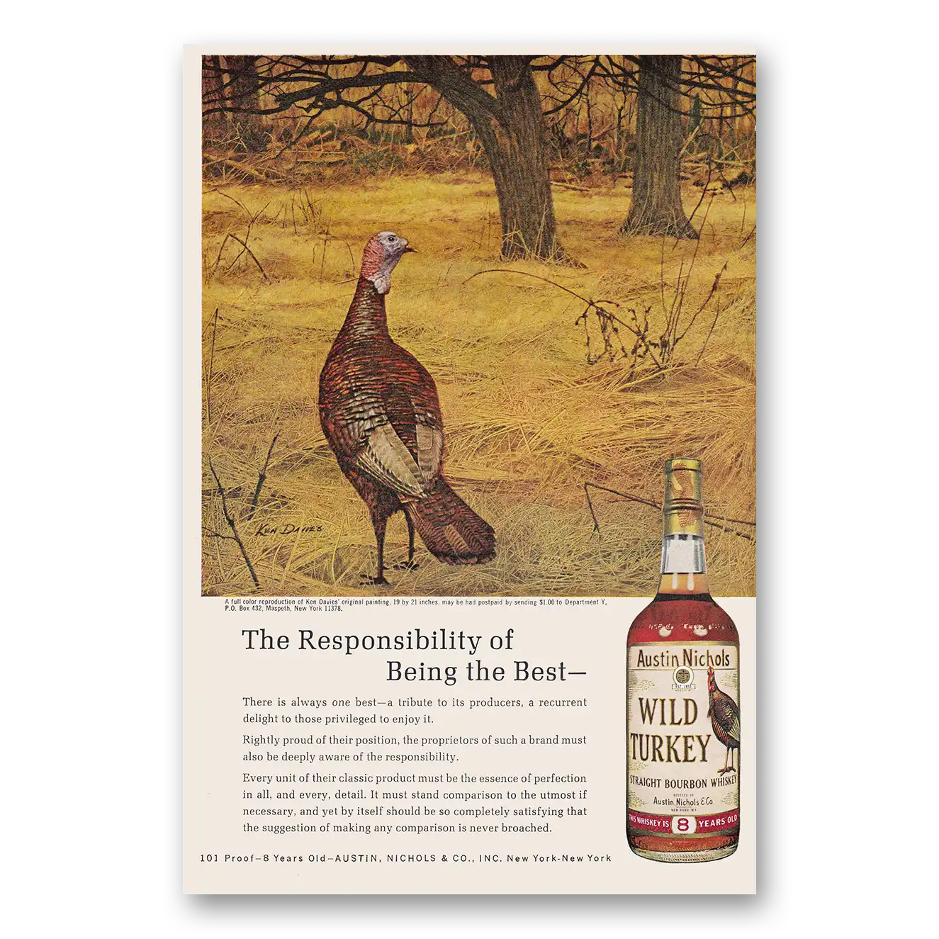 1969 Wild Turkey Bourbon Whiskey Responsibility of Being the Best Vintage Magazine Print Ad