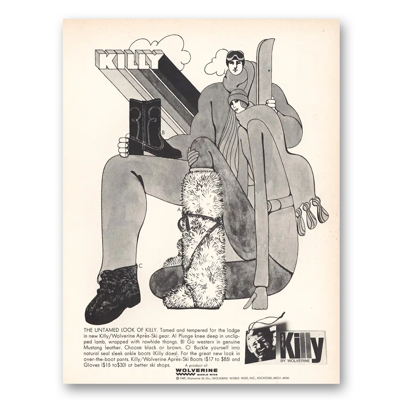 1969 Wolverine Ski Gear Untamed Look of Killy Vintage Magazine Print Ad