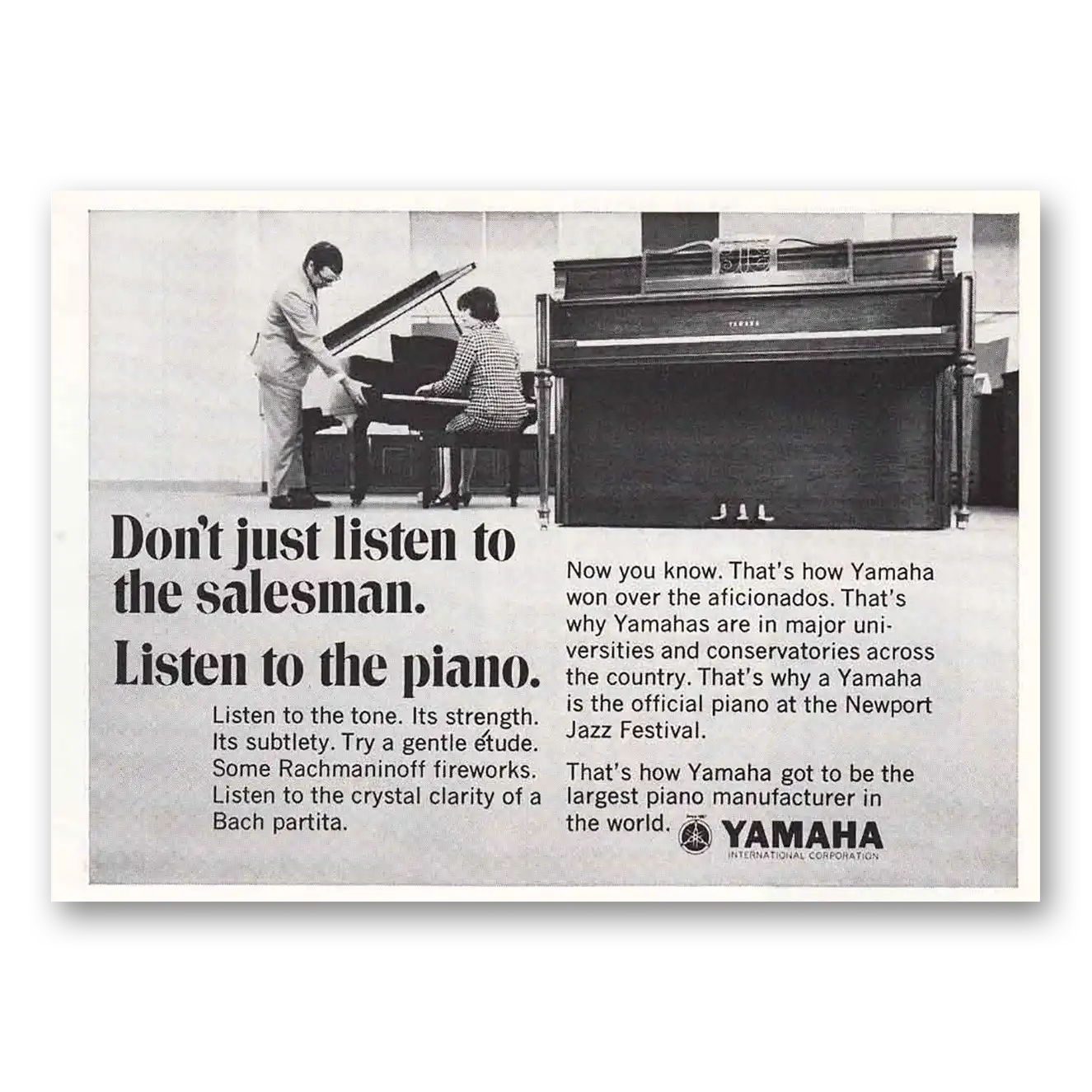 1969 Yamaha Piano Don't Just Listen to the Salesman Vintage Magazine Print Ad