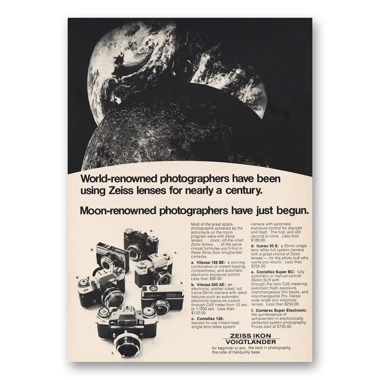 1969 Voigtlander Camera Zeiss Lenses Moon Renowned Photographers Vintage Magazine Print Ad