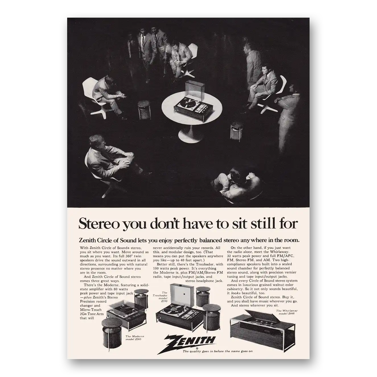 1969 Zenith Stereo You Don't Have to Sit Still For Vintage Magazine Print Ad