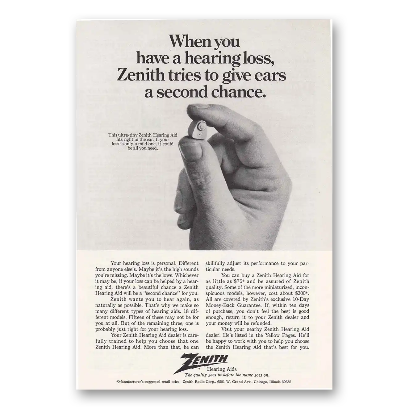 1969 Zenith Hearing Aid Second Chance Vintage Magazine Print Ad