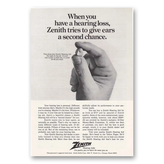 1969 Zenith Hearing Aid Second Chance Vintage Magazine Print Ad