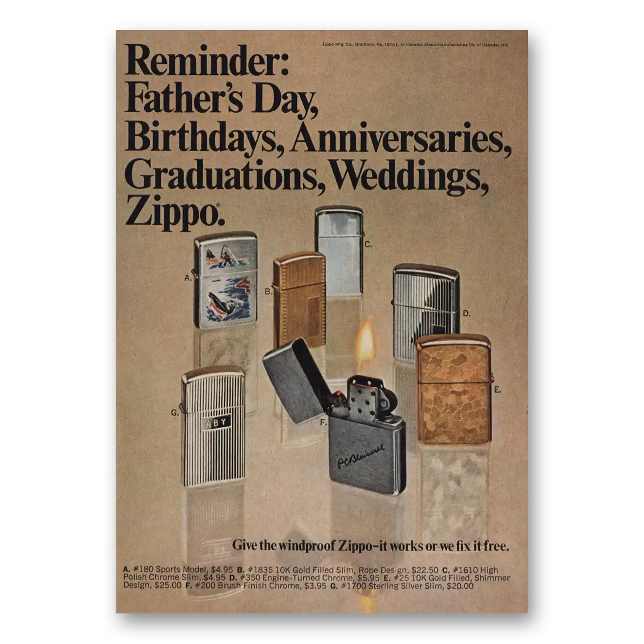 1969 Zippo Lighter Reminder Fathers Day Birthdays Vintage Magazine Print Ad