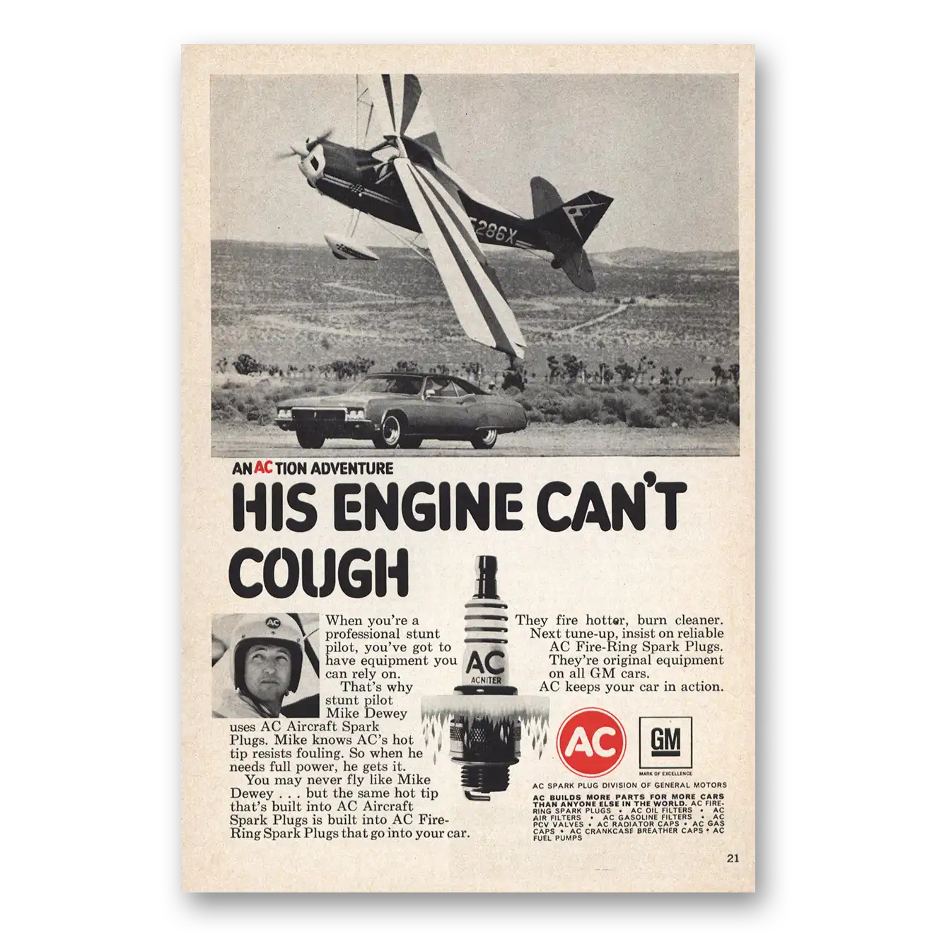 1970 AC Spark Plugs His Engine Cant Cough Vintage Magazine Print Ad