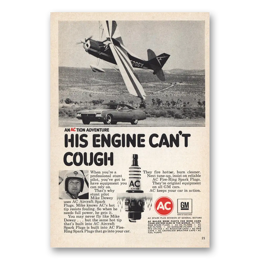 1970 AC Spark Plugs His Engine Cant Cough Vintage Magazine Print Ad