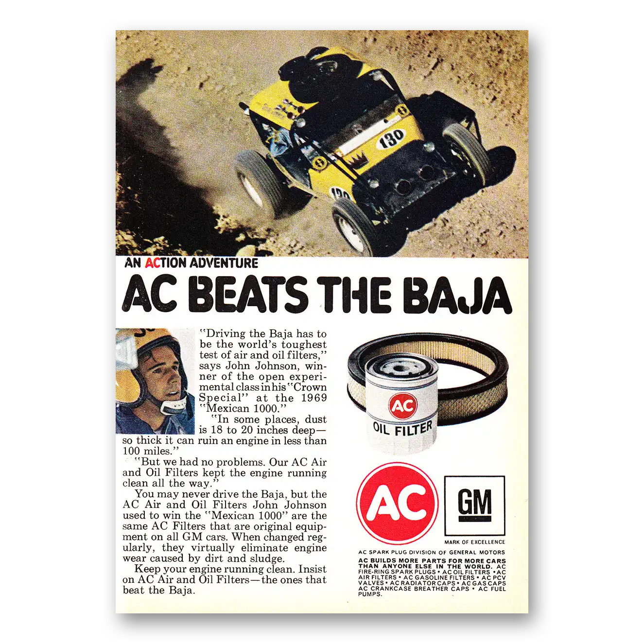 1970 AC Oil Filter Beats the Baja John Johnson Vintage Magazine Print Ad