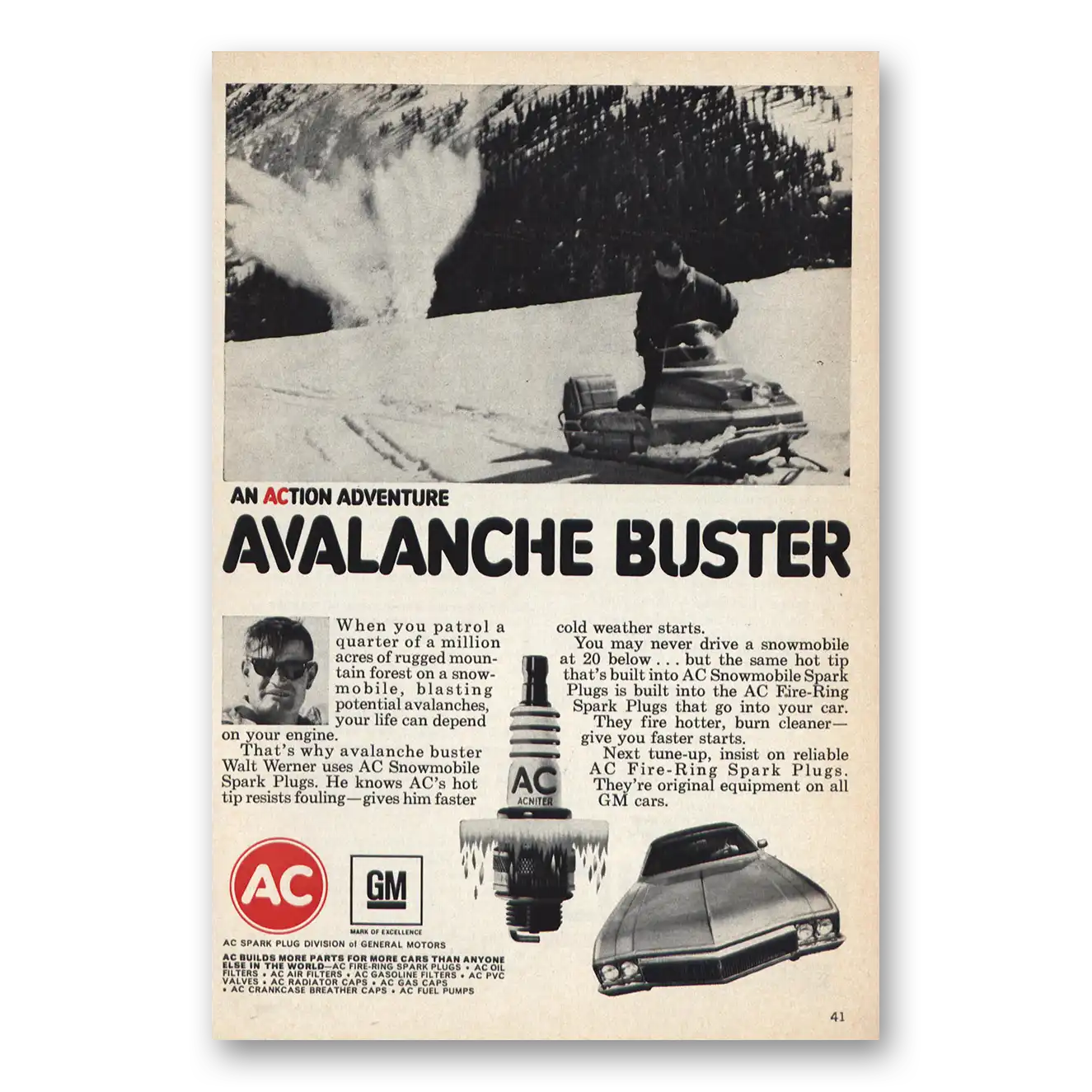 1970 AC Spark Plugs Avalanche Buster Vintage Magazine Print Ad