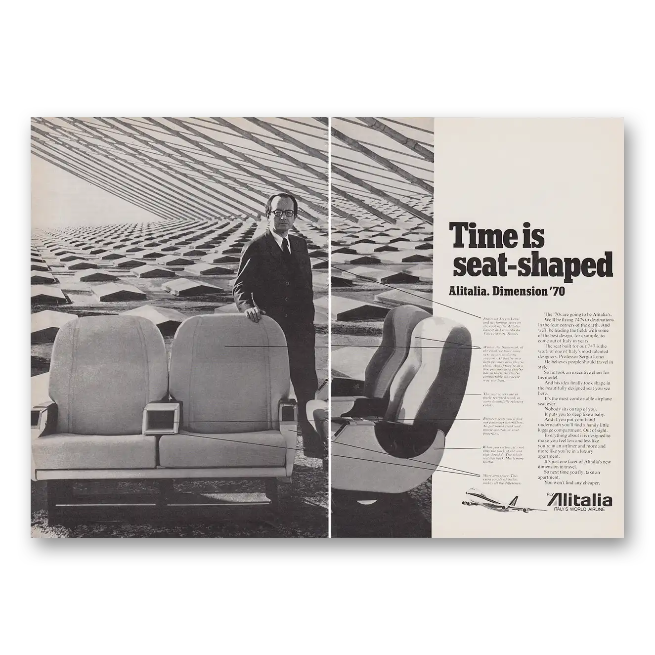 1970 Alitalia Airlines Time Is Seat Shaped Dimension 70 Vintage Magazine Print Ad