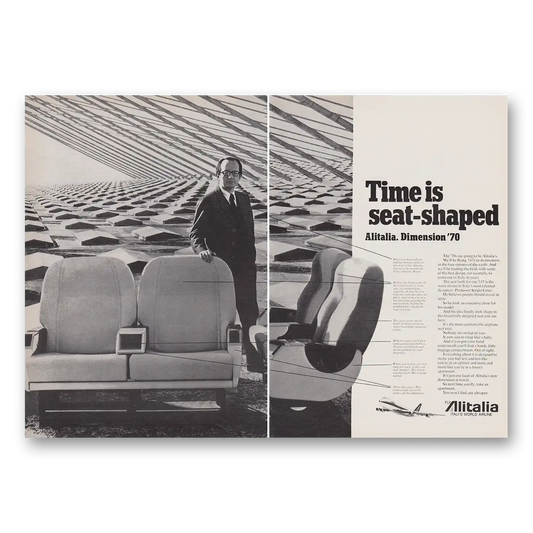 1970 Alitalia Airlines Time Is Seat Shaped Dimension 70 Vintage Magazine Print Ad