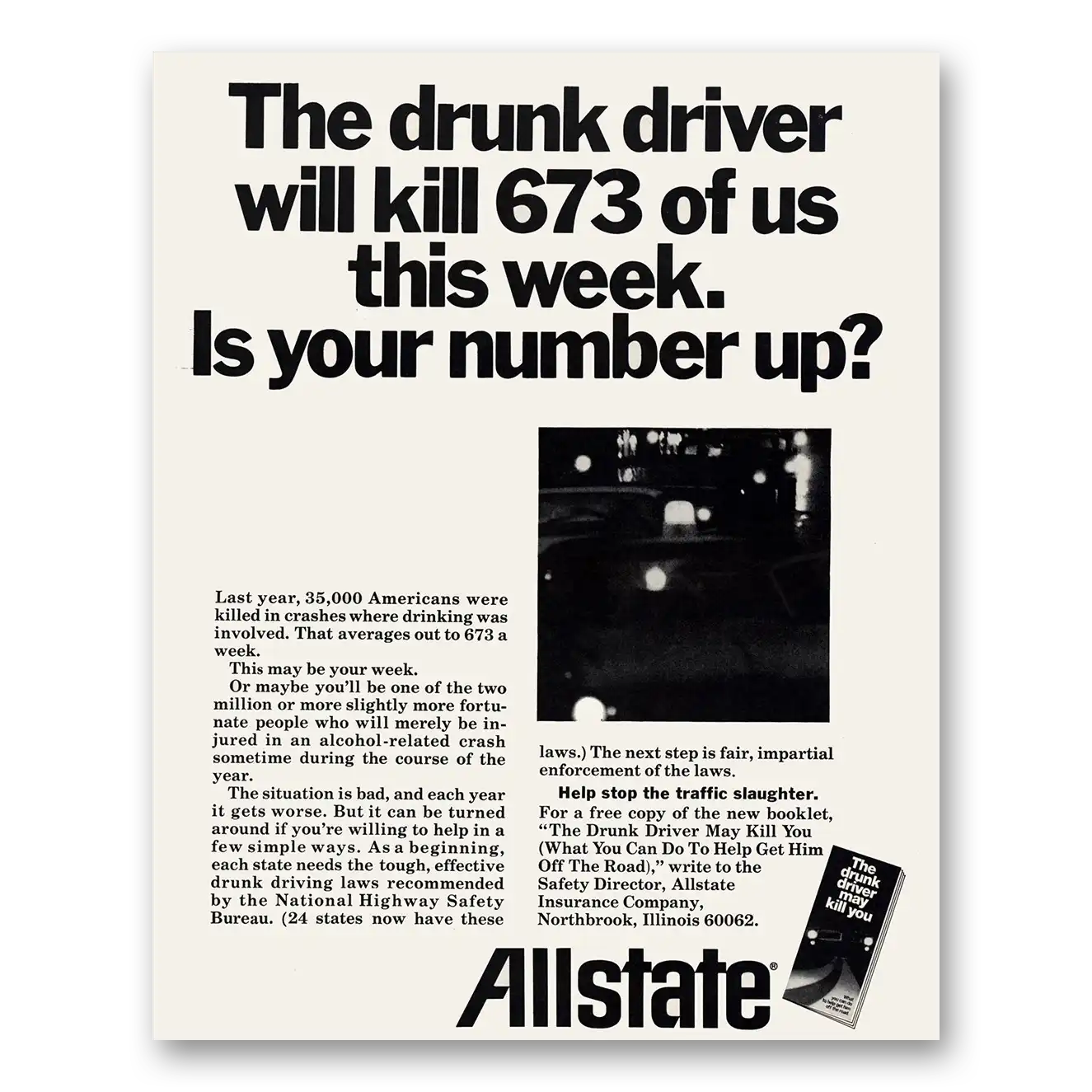 1970 Allstate Insurance Drunk Driver Will Kill 673 Vintage Magazine Print Ad