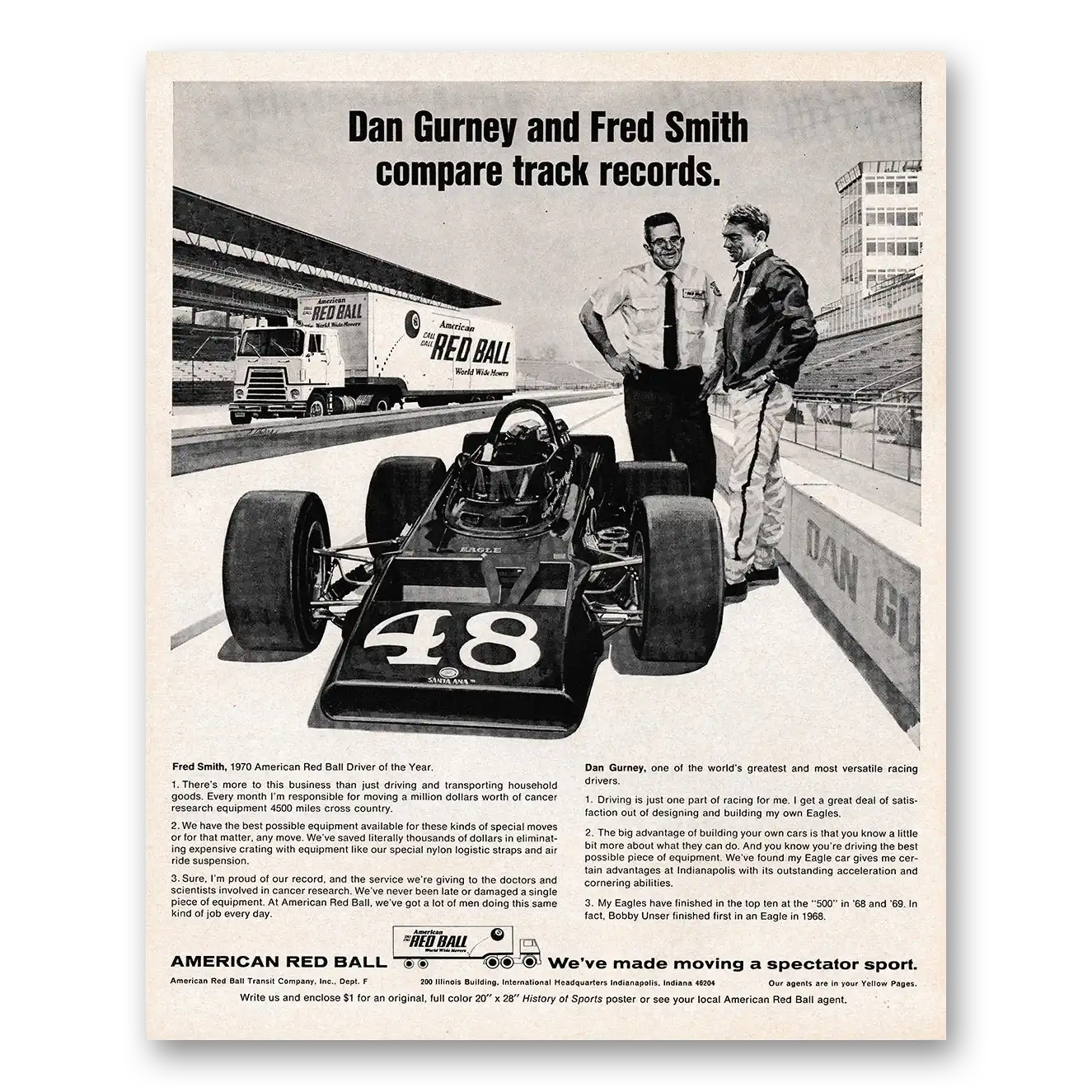 1970 American Red Ball Dan Gurney and Fred Smith Compare Track Records Vintage Magazine Print Ad