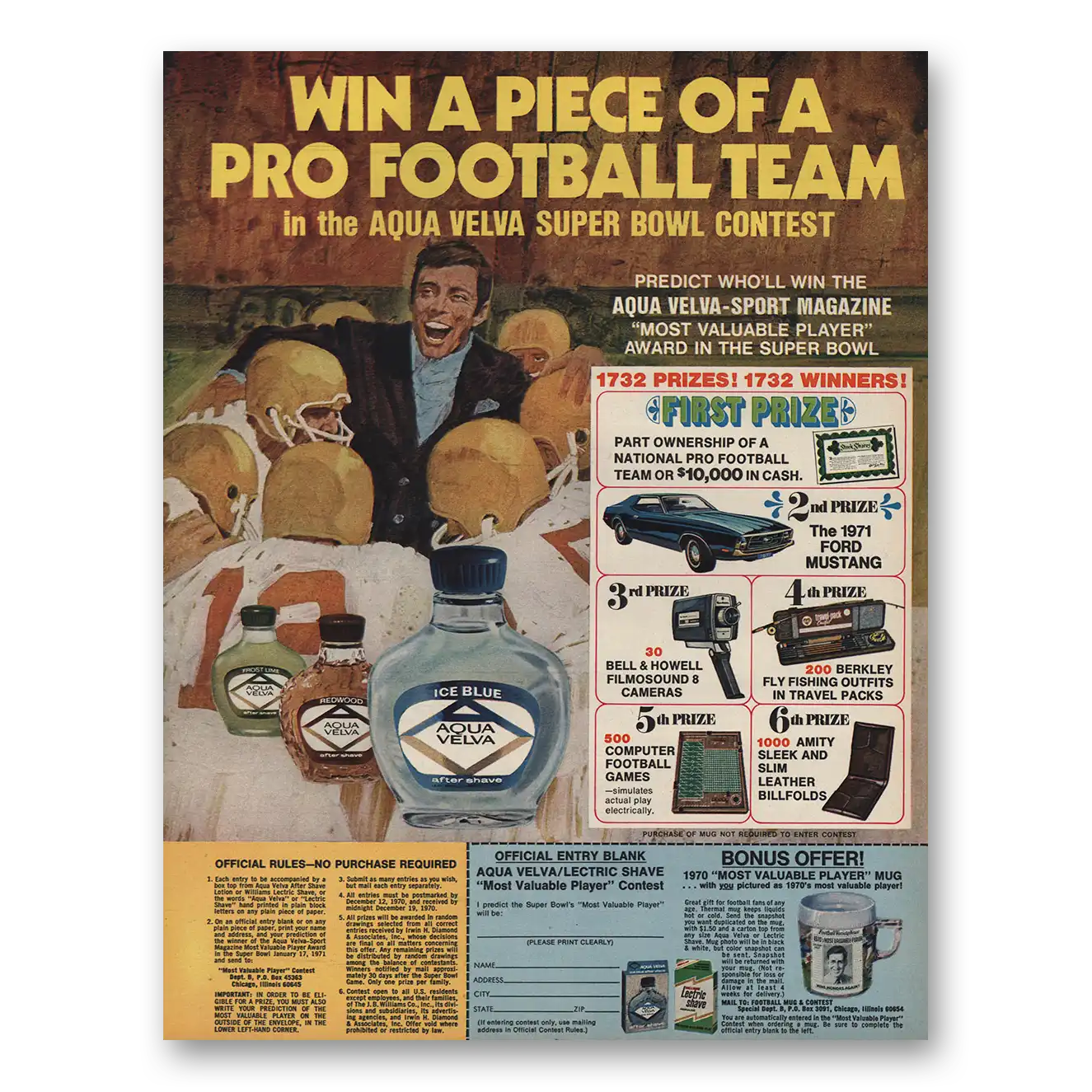 1970 Aqua Velva Win Piece Pro Football Team Vintage Magazine Print Ad