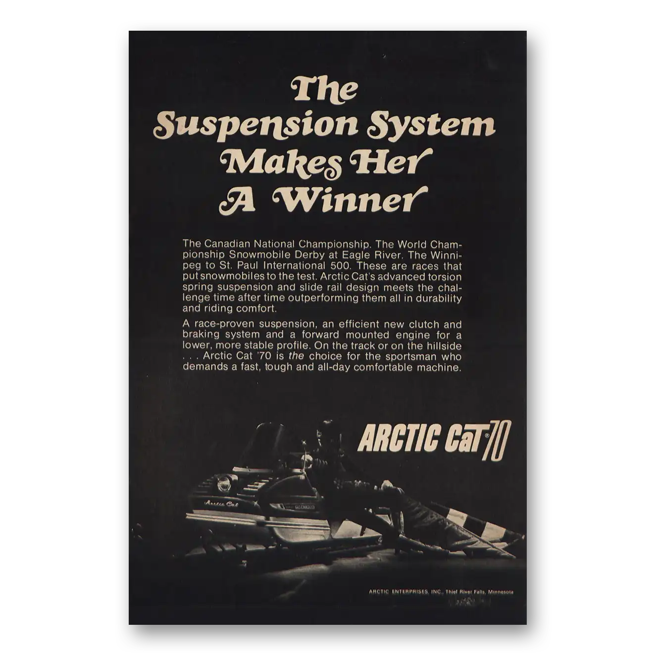 1970 Arctic Cat Snowmobile Suspension System Vintage Magazine Print Ad