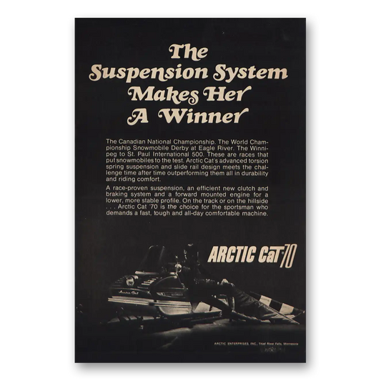 1970 Arctic Cat Snowmobile Suspension System Vintage Magazine Print Ad