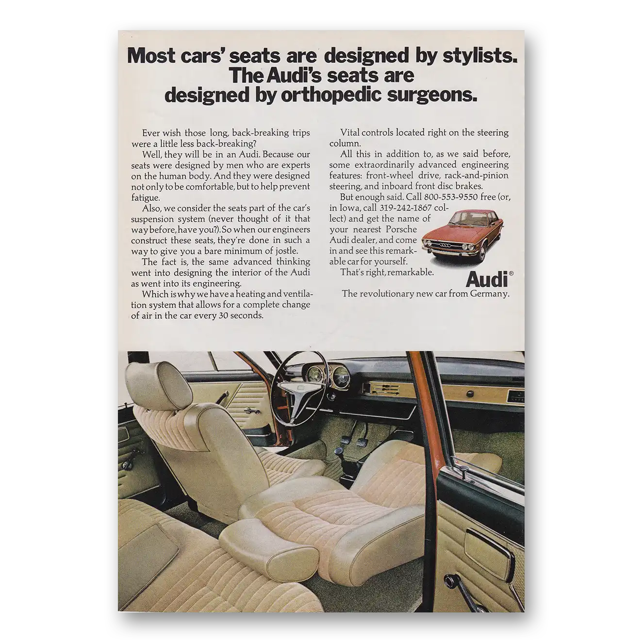 1970 Audi Seats Are Designed by Orthopedic Surgeons Vintage Magazine Print Ad