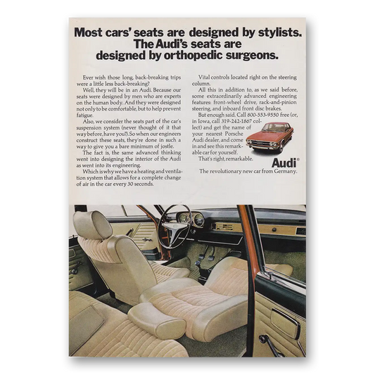 1970 Audi Seats Are Designed by Orthopedic Surgeons Vintage Magazine Print Ad