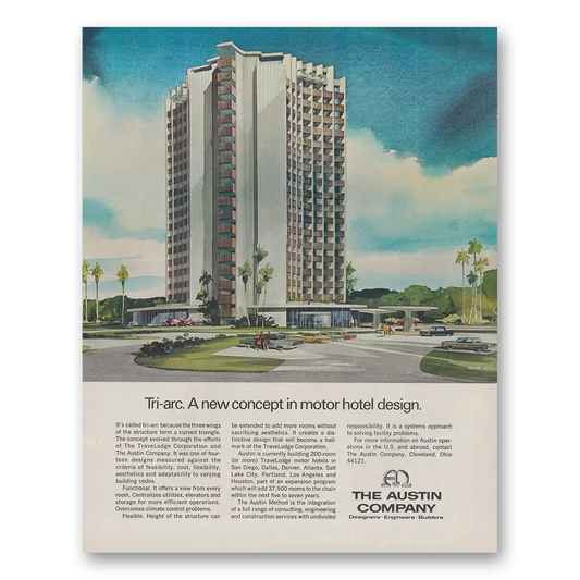 1970 Austin Company Tri Arc New Concept in Motor Hotel Design Vintage Magazine Print Ad