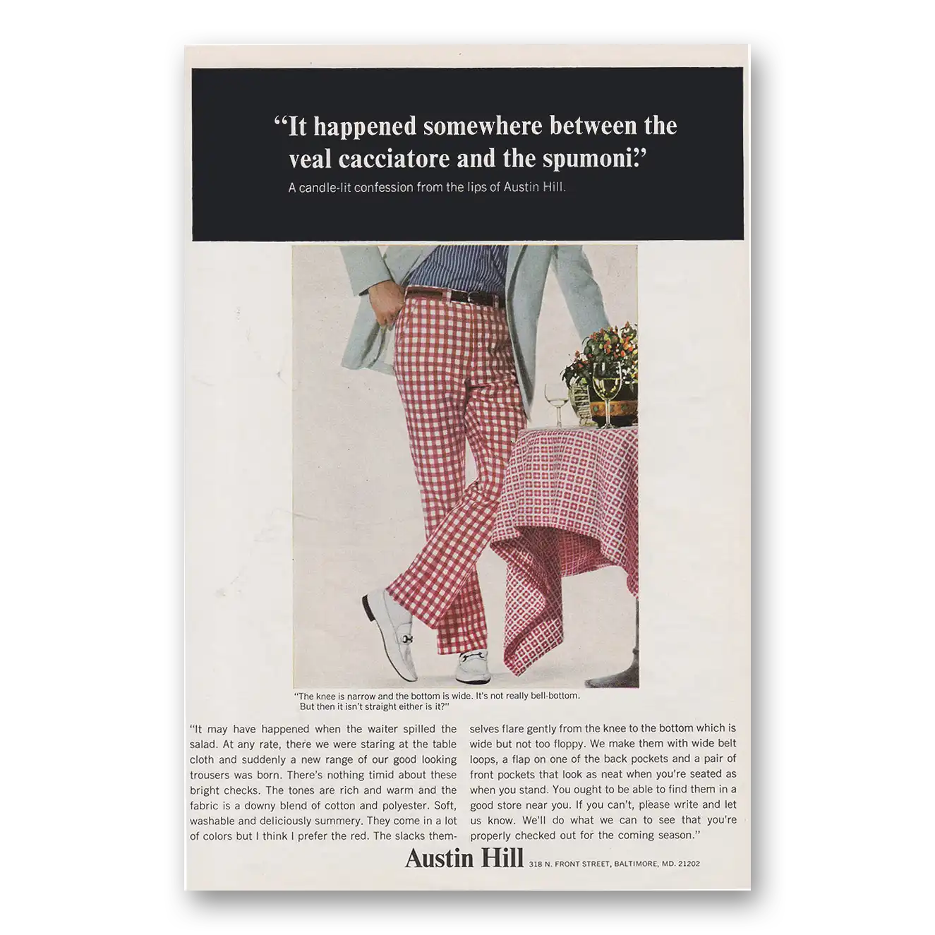 1970 Austin Hill Between the Veal Cacciatore and the Spumoni Vintage Magazine Print Ad