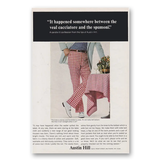 1970 Austin Hill Between the Veal Cacciatore and the Spumoni Vintage Magazine Print Ad