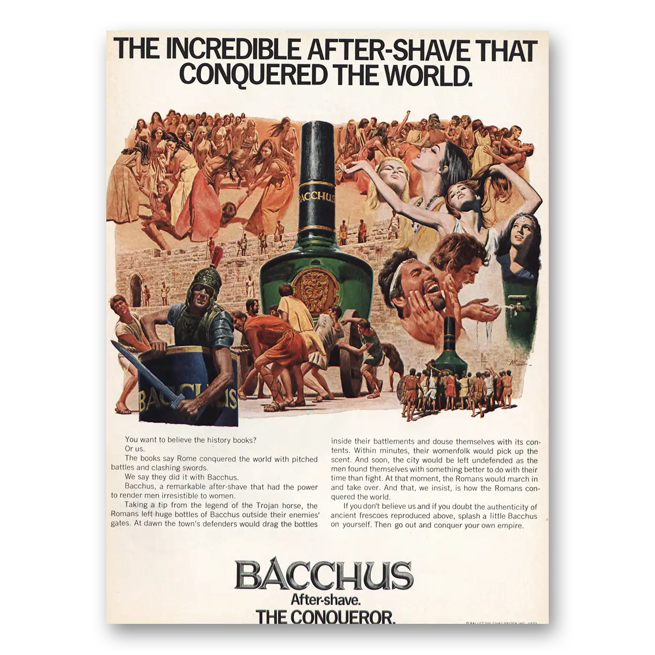 1970 Bacchus After Shave Conquered the World Vintage Magazine Print Ad