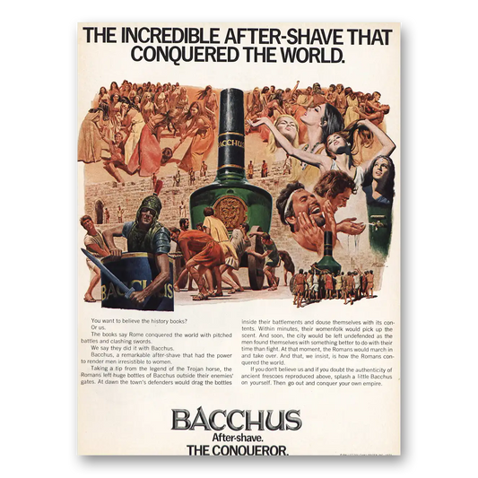 1970 Bacchus After Shave Conquered the World Vintage Magazine Print Ad