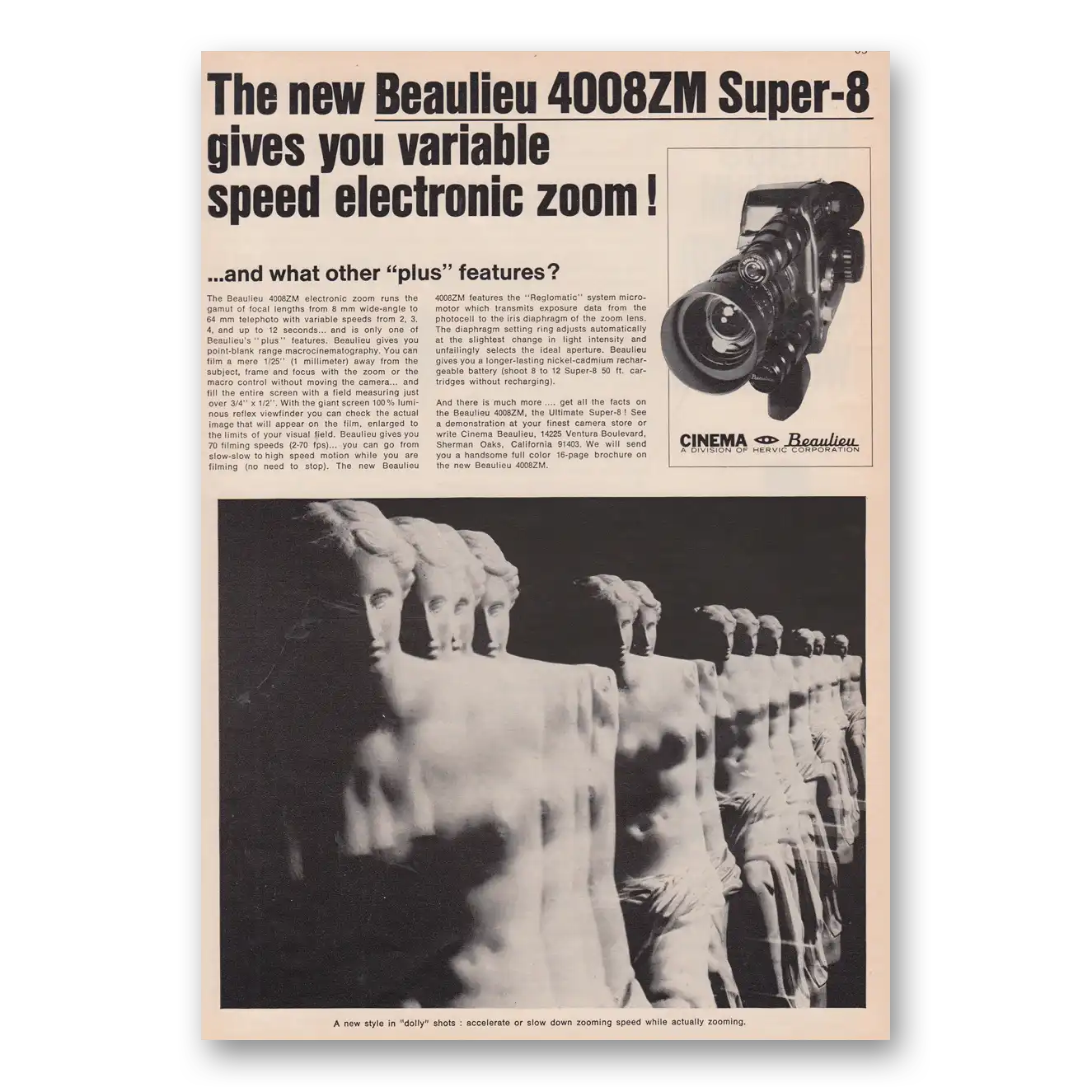 1970 Cinema Beaulieu Camera Gives Variable Speed Electronic Zoom Vintage Magazine Print Ad