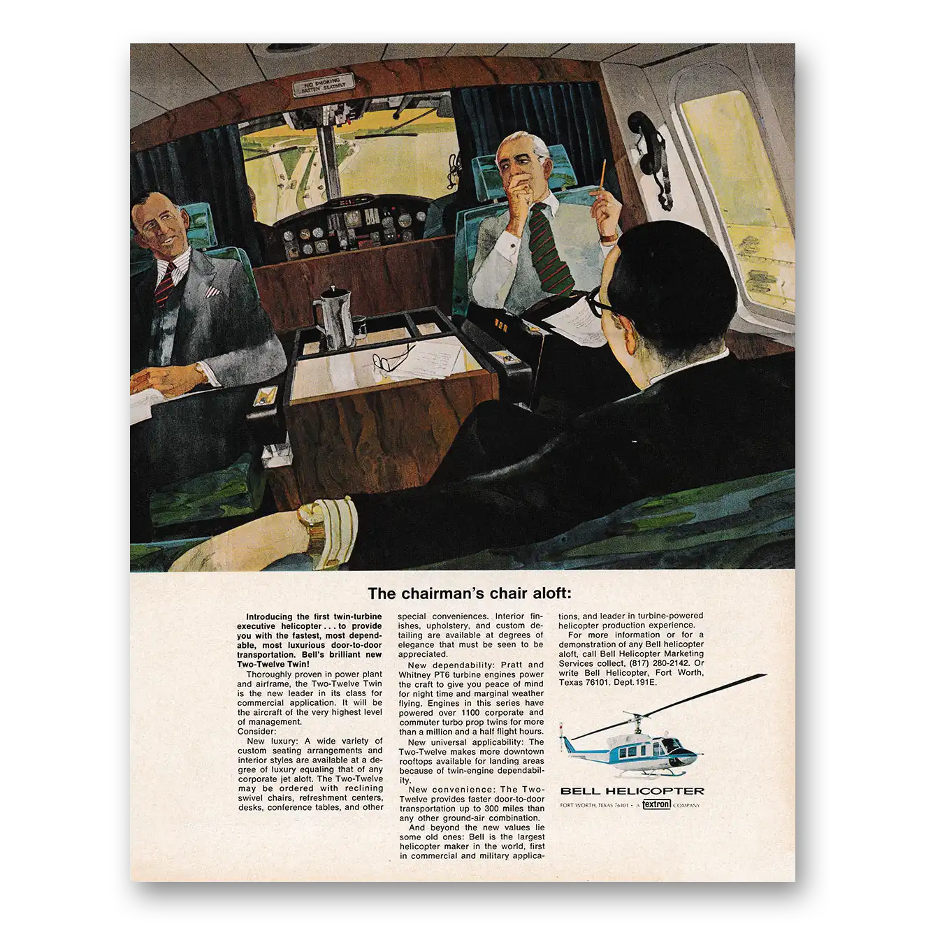 1970 Bell Helicopter Chairmans Chair Aloft Vintage Magazine Print Ad