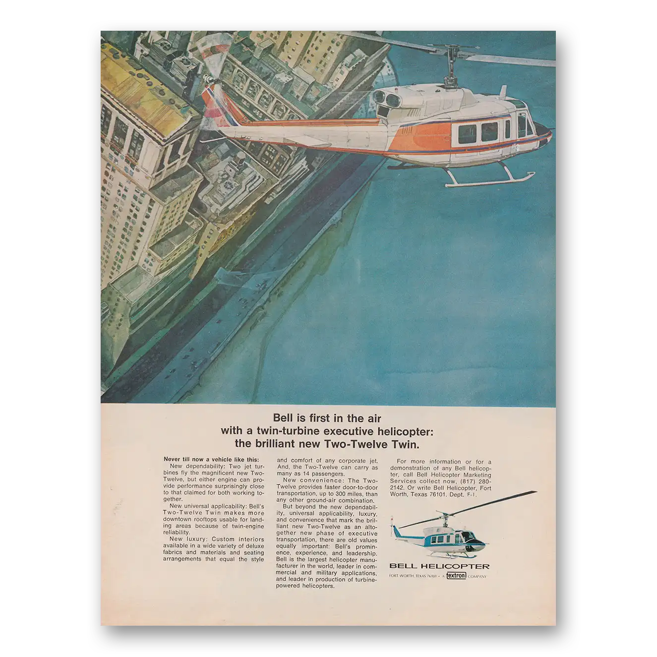 1970 Bell Helicopter First in the Air With a Twin Turbine Vintage Magazine Print Ad