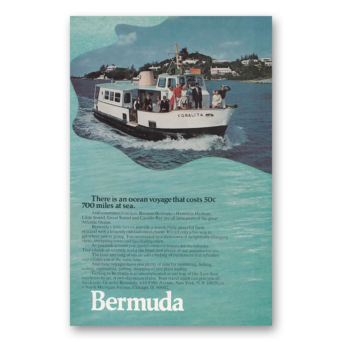 1970 Bermuda Ocean Voyage Coralita Vintage Magazine Print Ad