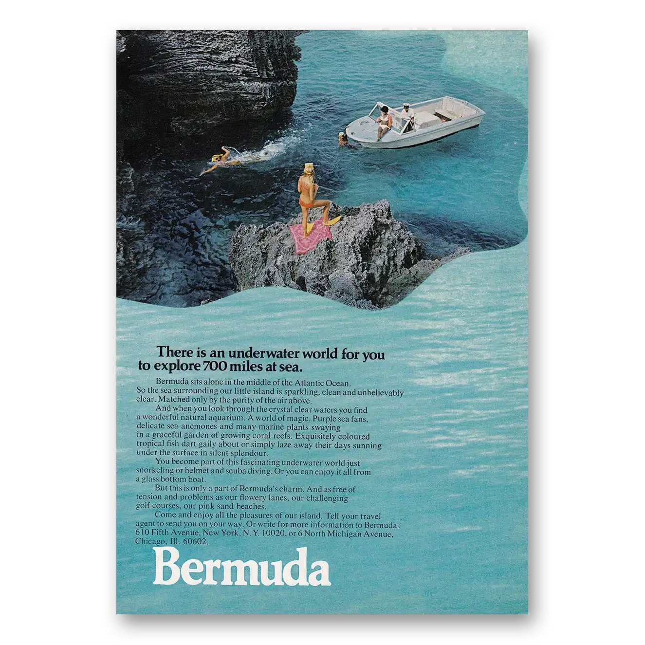 1970 Bermuda Underwater World For You to Explore 700 Miles at Sea Vintage Magazine Print Ad