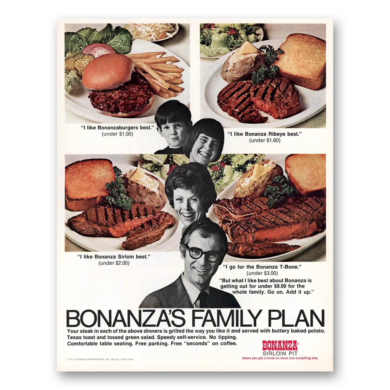 1970 Bonanza Restaurant Sirloin Pit Family Plan Vintage Magazine Print Ad