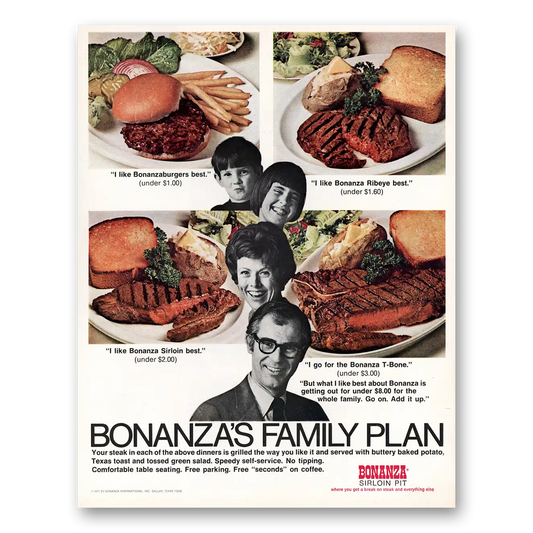 1970 Bonanza Restaurant Sirloin Pit Family Plan Vintage Magazine Print Ad